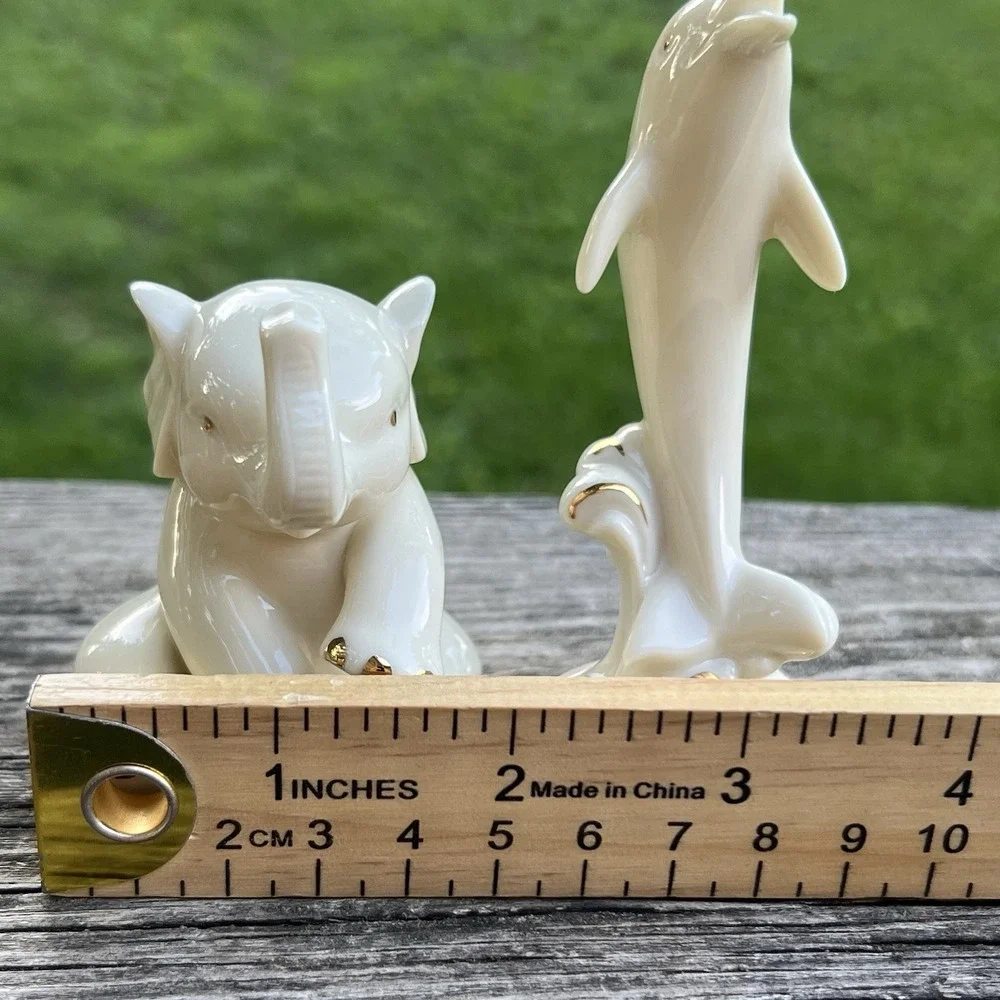 Lenox Ivory Porcelain Elephant Dolphin Figurines Gold Accent Bundle Collectible